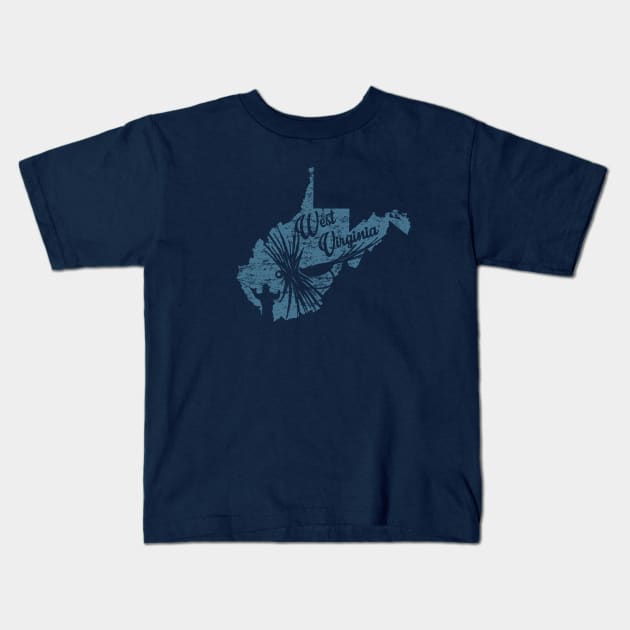 West Virginia Vintage Distressed Fly Fishing State Map Kids T-Shirt by TeeCreations